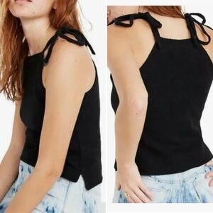 Madewell Texture & Thread Tie Shoulder Black Ribbed Tank